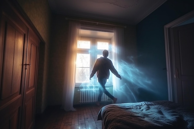 Zdjęcie mężczyzna stoi w ciemnym pokoju ze światłem wydobywającym się z okna.