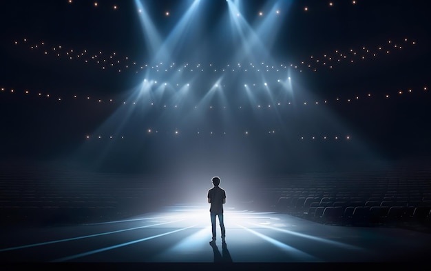 Mężczyzna stoi w ciemnym teatrze ze światłem na suficie.
