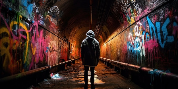 Mężczyzna stoi w ciemnym tunelu z graffiti na ścianach Samotny mężczyzna w przejściu podziemnym Generative AI