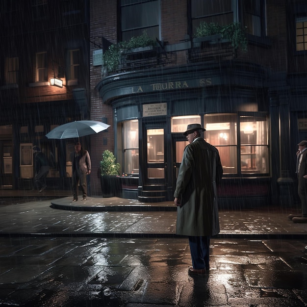 Mężczyzna stoi w deszczu przed budynkiem z napisem la tebra.
