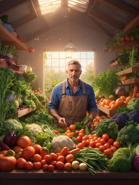mężczyzna stoi w dużym stosie warzyw z dużym oknem za nim
