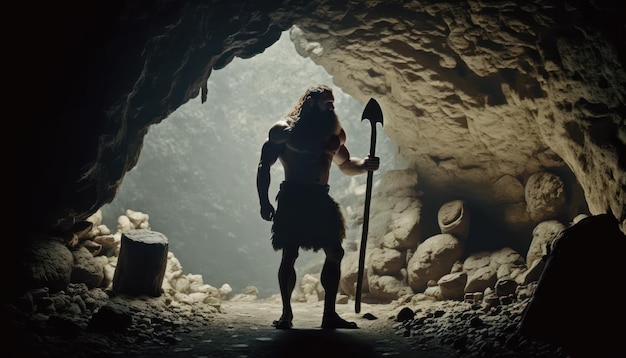 Mężczyzna stoi w jaskini z włócznią w dłoni.