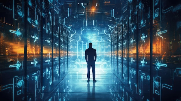 Mężczyzna stoi w korytarzu z niebieskim tłem z napisem „przyszłość danych”