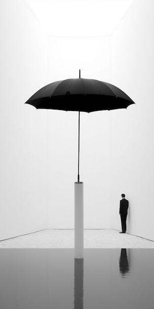 Mężczyzna stoi w pokoju z dużym parasolem na cokole.