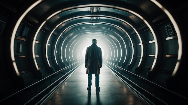 Mężczyzna stoi w tunelu ze światłem oświetlającym go.