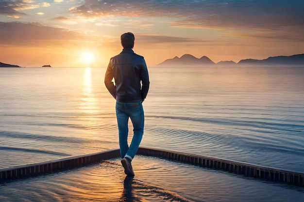 Mężczyzna stoi w wodzie o zachodzie słońca