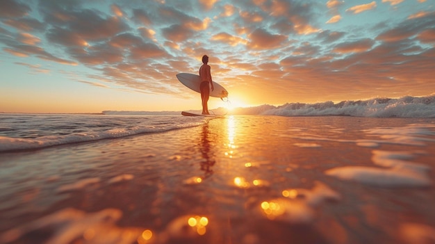 Mężczyzna stojący na desce surfingowej na piasku plaży