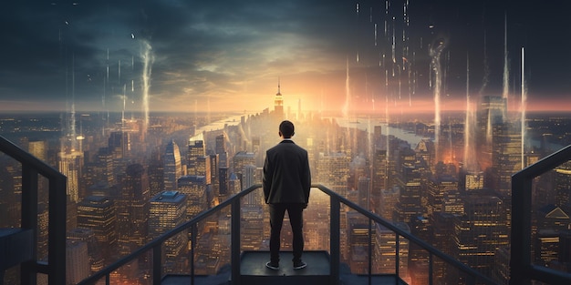 Mężczyzna stojący na schodach patrzący na rosnące wykresy na niebie miasta