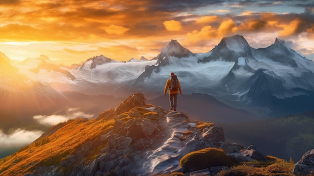 Mężczyzna stojący na szczycie góry i patrzący na zachód słońcaGenerative AI