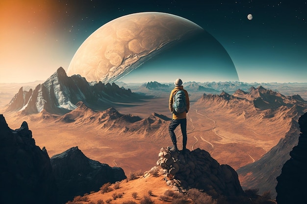 Mężczyzna stojący na szczycie góry patrzący na nową planetę w oddali AI
