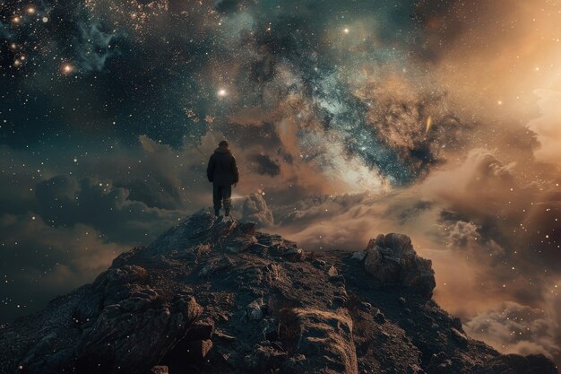 Mężczyzna stojący na szczycie góry pod nocnym niebem pełnym gwiazd.