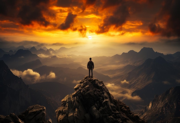 Mężczyzna stojący na szczycie góry przy zachodzie słońca