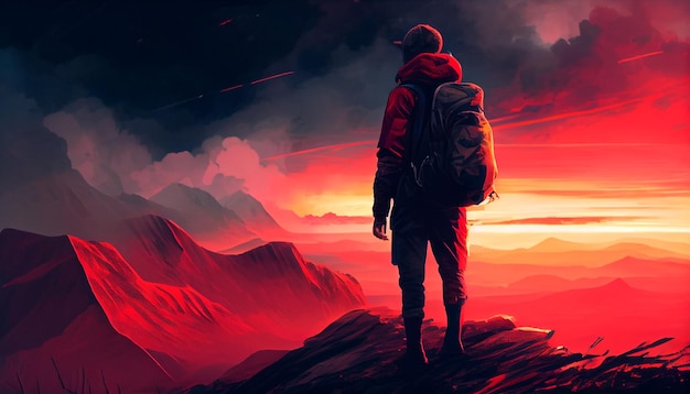 Mężczyzna stojący na szczycie góry z plecakiem na plecach i zachodem słońca w tle z czerwonym niebem i pomarańczowymi chmurami oraz generatorem sztucznej inteligencji o czerwonym odcieniu