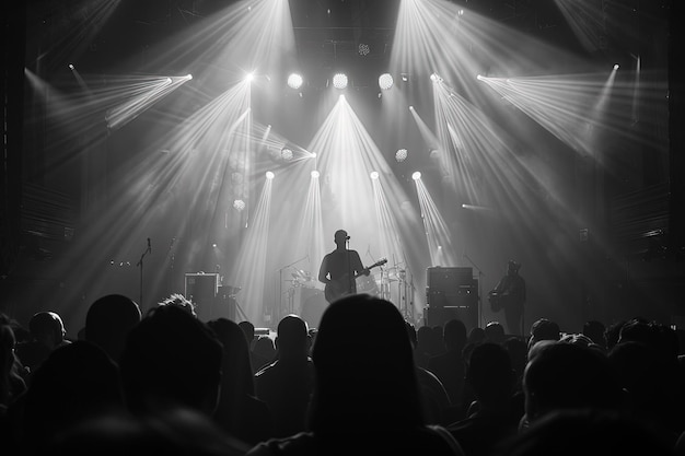 Mężczyzna stojący na szczycie sceny z gitarą