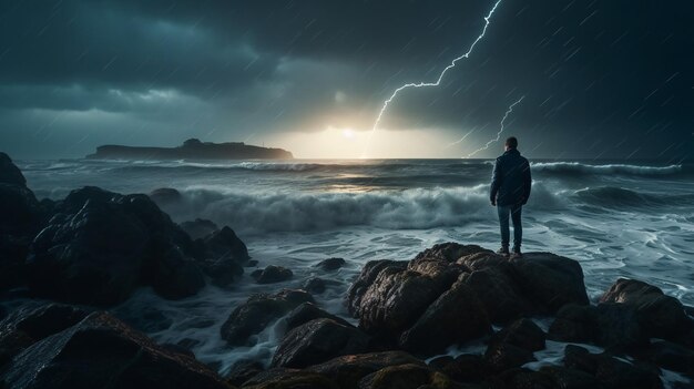 Mężczyzna stojący na szczycie skały obok oceanu