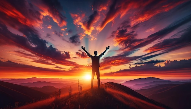 Mężczyzna stojący na szczycie wzgórza ręce podniesione wysoko w powietrzu wolności