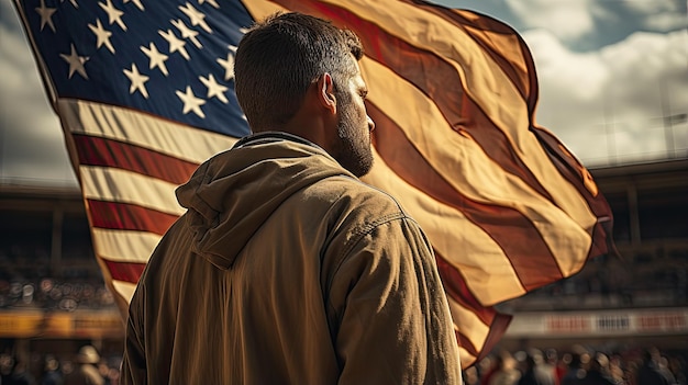 mężczyzna stojący na tle koncepcji święta pracy amerykańskiej flagi