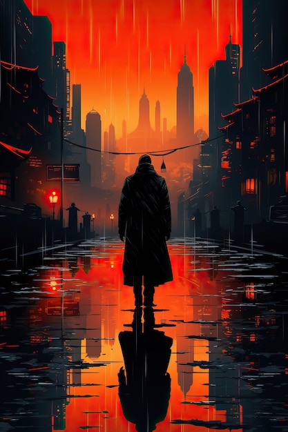 mężczyzna stojący na ulicy z budynkami i czerwonym niebem