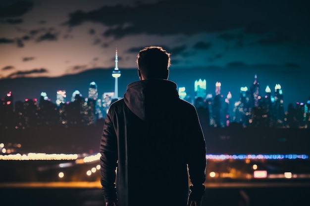 Mężczyzna stojący nocą przed pejzażem miejskim ze światłami na generatywnej sztucznej inteligencji
