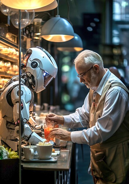 Mężczyzna stojący obok robota w restauracji Robot serwujący napoje