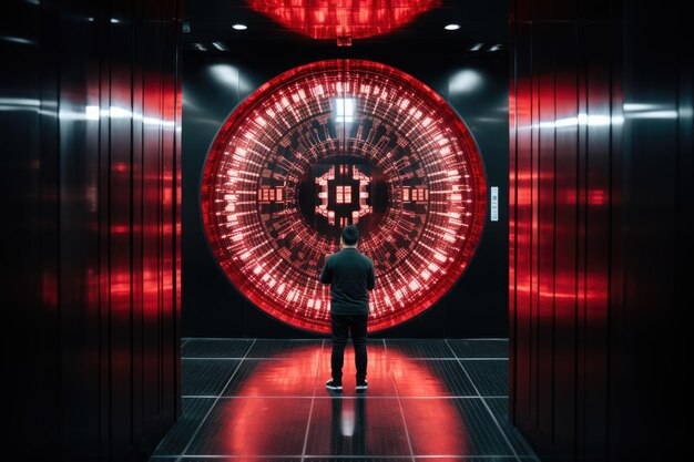 Zdjęcie mężczyzna stojący przed dużym systemem cyberbezpieczeństwa zegara w celu ochrony kryptowaluty