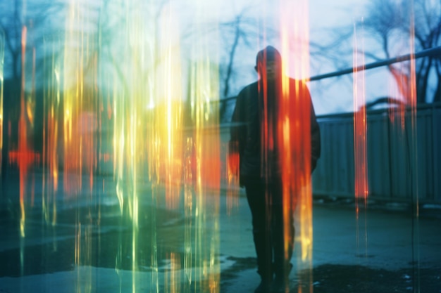Zdjęcie mężczyzna stojący przed kolorowymi światłami