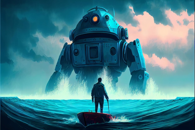 Mężczyzna stojący przed ogromnym robotem pochodzącym z morskiej ilustracji sztuki cyfrowej
