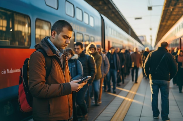 Mężczyzna stojący przed pociągiem trzymający telefon komórkowy