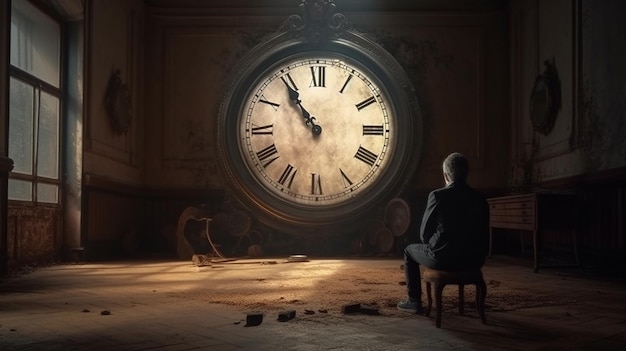 Zdjęcie mężczyzna stojący przed starym zegarem generatywnym ai