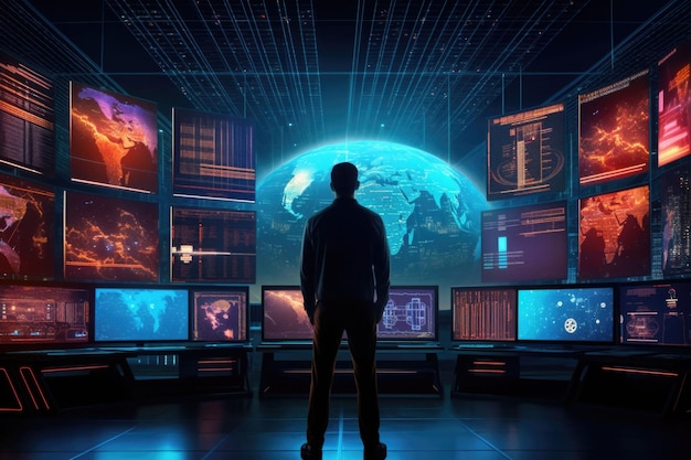 Mężczyzna stojący przed świecącymi monitorami Wykresy danych i liczby na ekranie Generacyjna sztuczna inteligencja