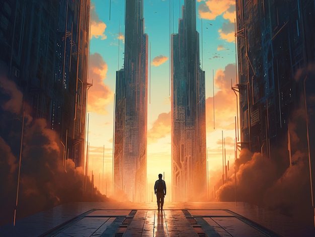 Mężczyzna stojący przed wysoką kolorową i świetlną wieżą w futurystycznym stylu w promieniach słońca AI generative AI generative AI generativ