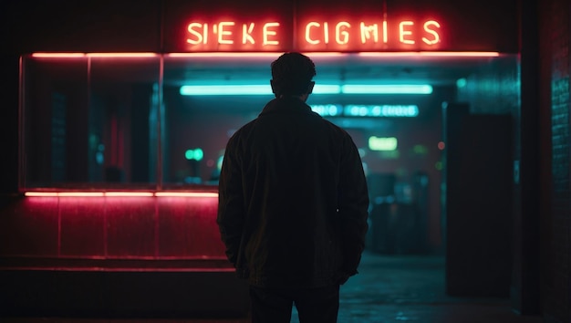 Mężczyzna stojący sam na ulicy ciemne miasto neonowe wibracje