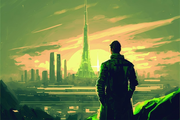Mężczyzna stojący w abstrakcyjnym mieście oglądający zachód słońca z zielonym niebem Koncepcja fantasy Obraz ilustracyjny Generative AI