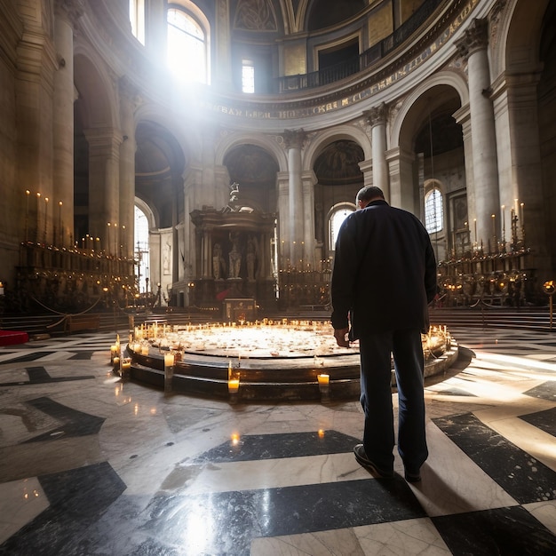Mężczyzna stojący w kościele patrząc na świece