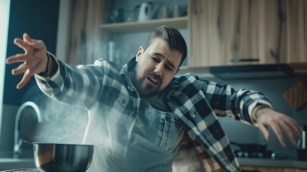 Mężczyzna stojący w kuchni przy patelni