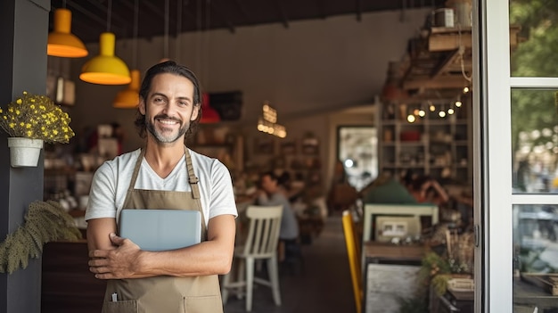 Mężczyzna stojący w restauracji z laptopem