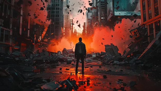 Mężczyzna stojący w środku zniszczonego miasta