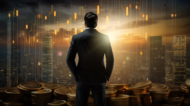 mężczyzna stojący w tle kryptowaluty bitcoin stworzony za pomocą technologii generatywnej ai
