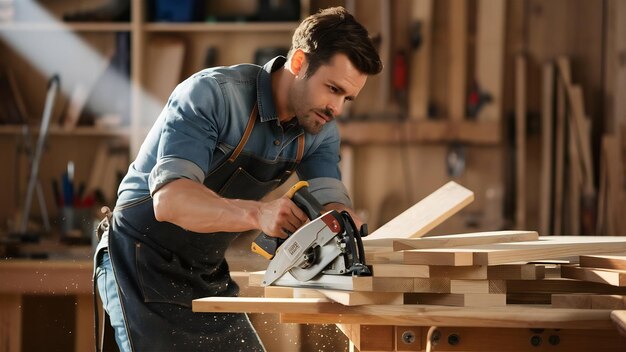 Mężczyzna stolarz piłujący drewniane deski