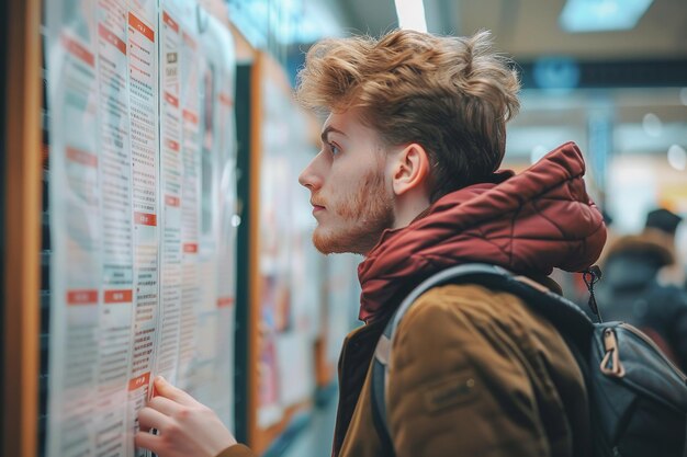 Mężczyzna student przeglądający wyniki przyjęć poinformowany na panelu ogłoszeniowym uniwersytetu niepokojący mężczyzna i przestrzeń generatywna sztuczna inteligencja