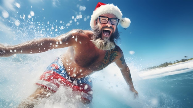 Mężczyzna surfujący w kostiumie Świętego Mikołaja, koncepcja świątecznych wakacji generowana przez sztuczną inteligencję