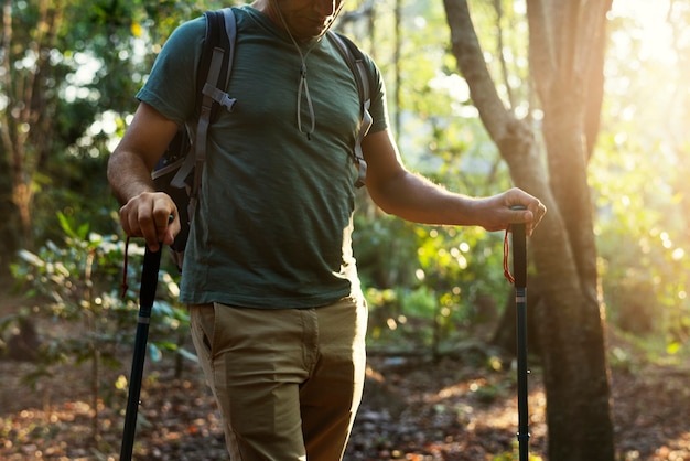 Mężczyzna Trekking W Lesie