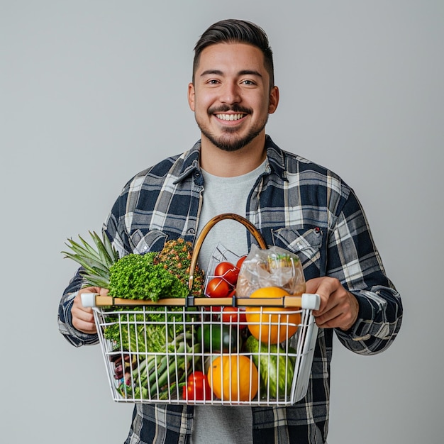 Mężczyzna trzyma koszyk z owocami i warzywami