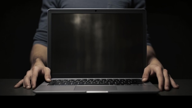 Mężczyzna trzyma laptopa z czarnym ekranem z napisem macbook pro.