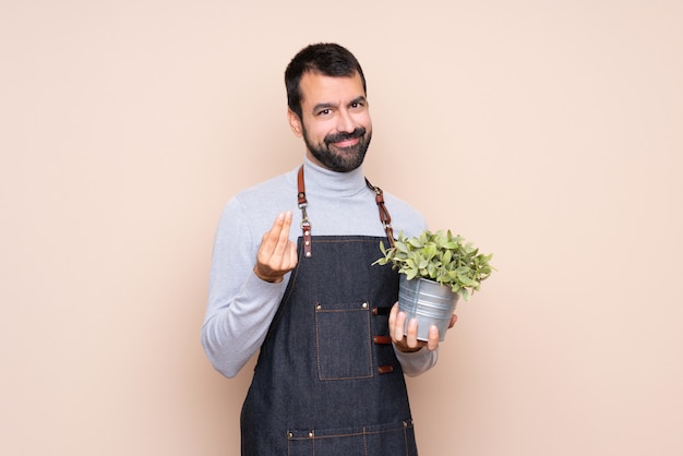 Mężczyzna trzyma rośliny robi pieniądze gestowi