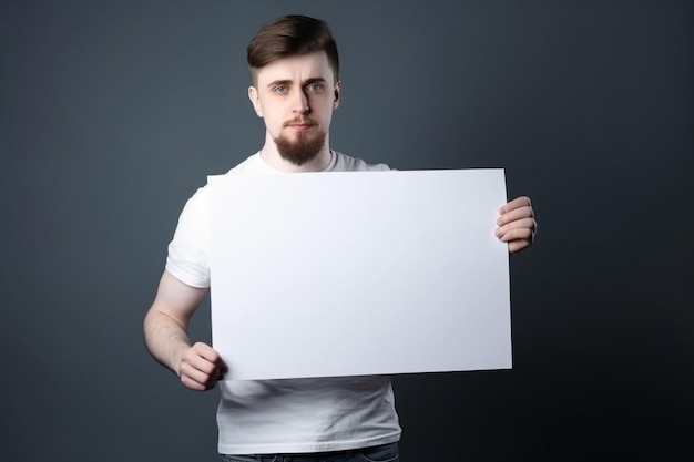 Mężczyzna trzyma w dłoni makietę pustej tablicy z białymi znakami