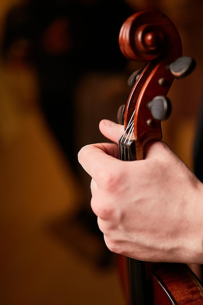 mężczyzna trzyma w dłoni skrzypce zdjęcie zbliżenie Młody mężczyzna trzyma skrzypce