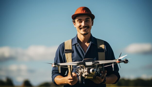 Mężczyzna trzyma w ręku mały dron.