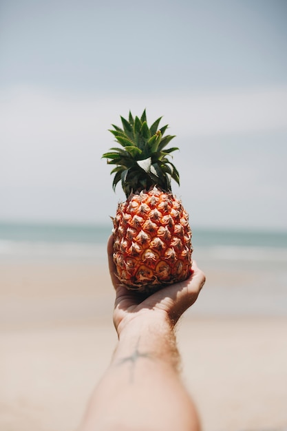 Mężczyzna Trzymający Ananasa Na Plaży