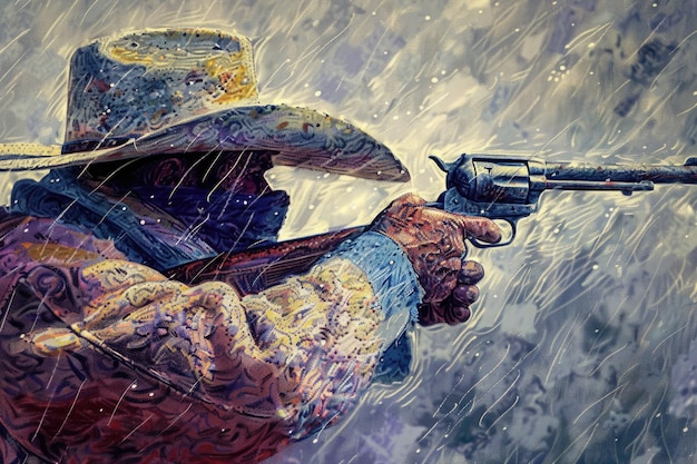Zdjęcie mężczyzna trzymający broń w deszczu nadaje się do tematów kryminalnych lub thrillerowych